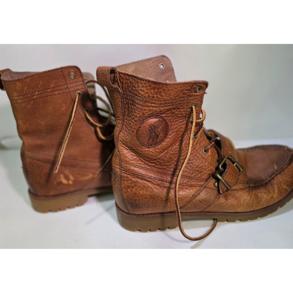 Polo Ralph Lauren Ranger Boots Mens 9D Brown Tumbled Leather Buckle Moc Toe